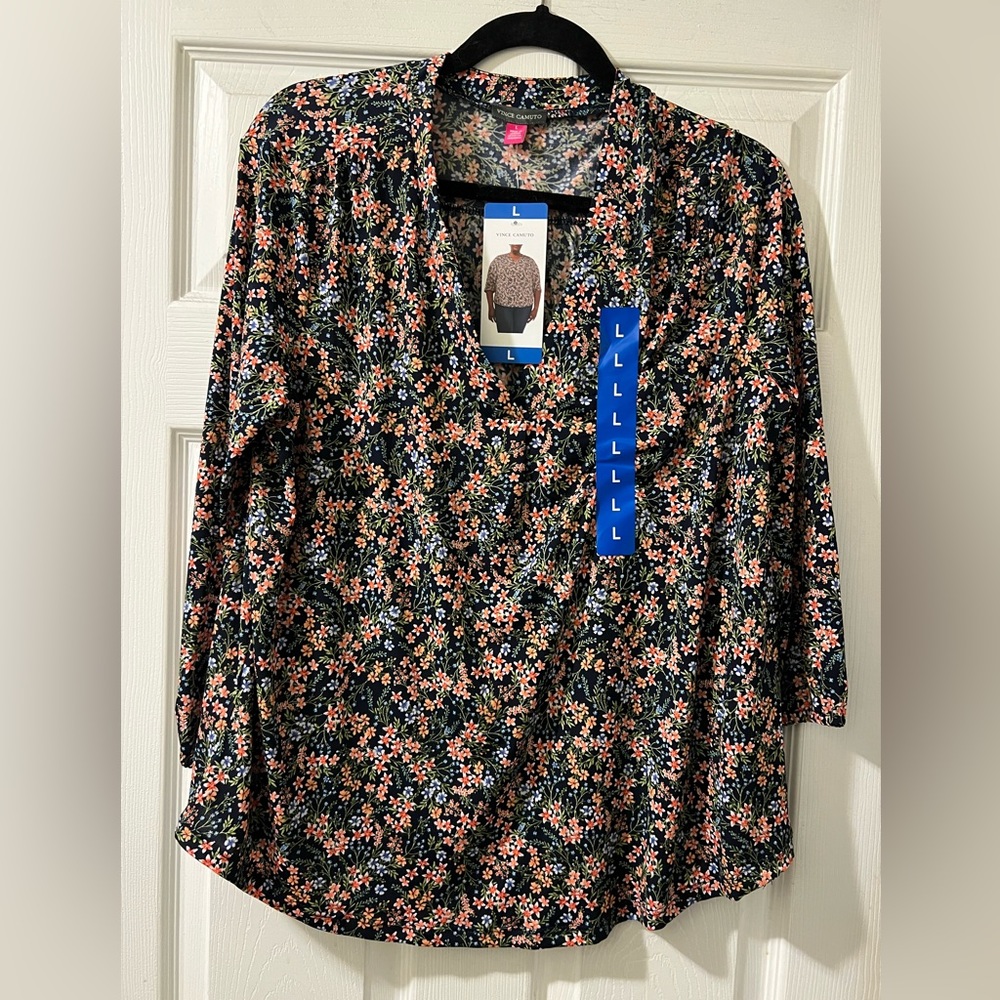 Vince Camuto Navy Flowered Peasant Top